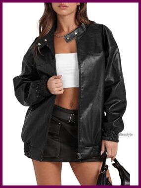 Faux Leather Oversized Motorcycle Bomber Jacket Retro Zip Long Sleeve Coat